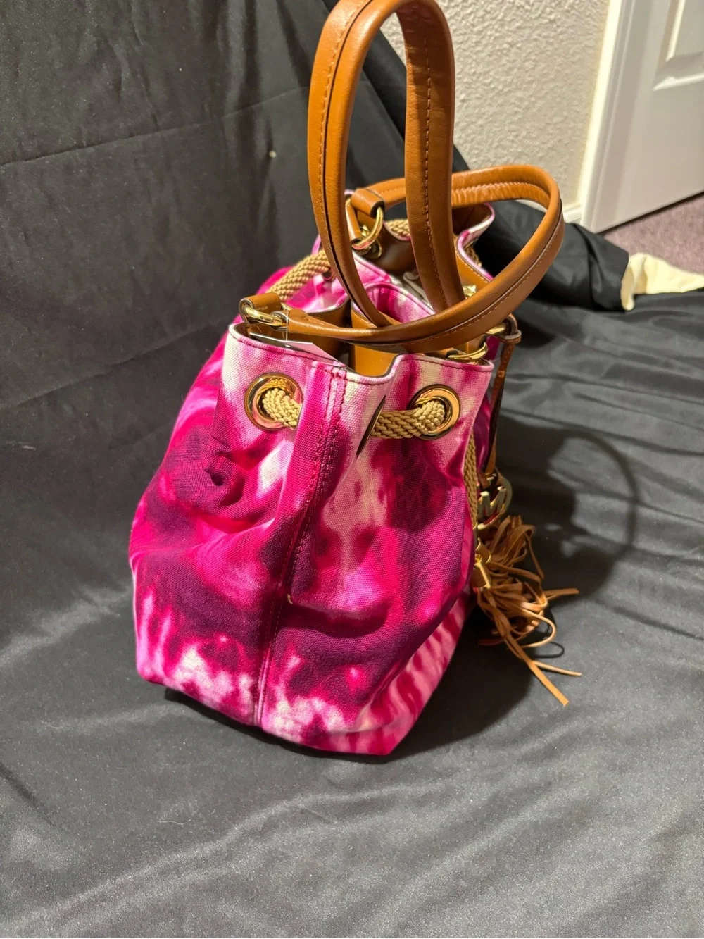 Michael Kors Pink Tie-Dye Drawstring Bucket Bag with Tan Accents
